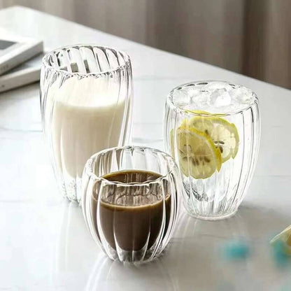 Lançamento 2025: Copo de Vidro Ondulado com Parede Dupla 350/450ml para Café, Chá, Leite, Suco, Cerveja e Água - Resistente ao Calor