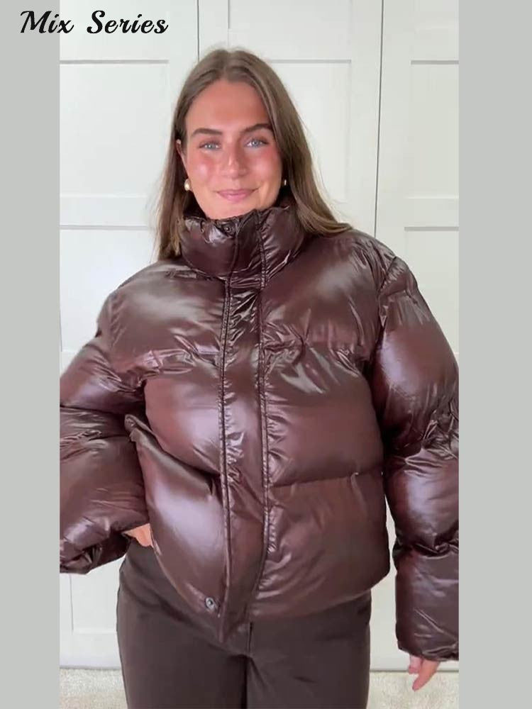 Fashion Glossy Padded Jacket Women's Solid Turtleneck Long Sleeve Warm Down Coat 2025 Autumn Winter New Lady Casual Outerwear