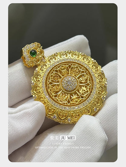 Gold shop 9999 24K real gold Chinese large rotating filigree Ruyi dot diamond eight treasure compass pendant weaving rope