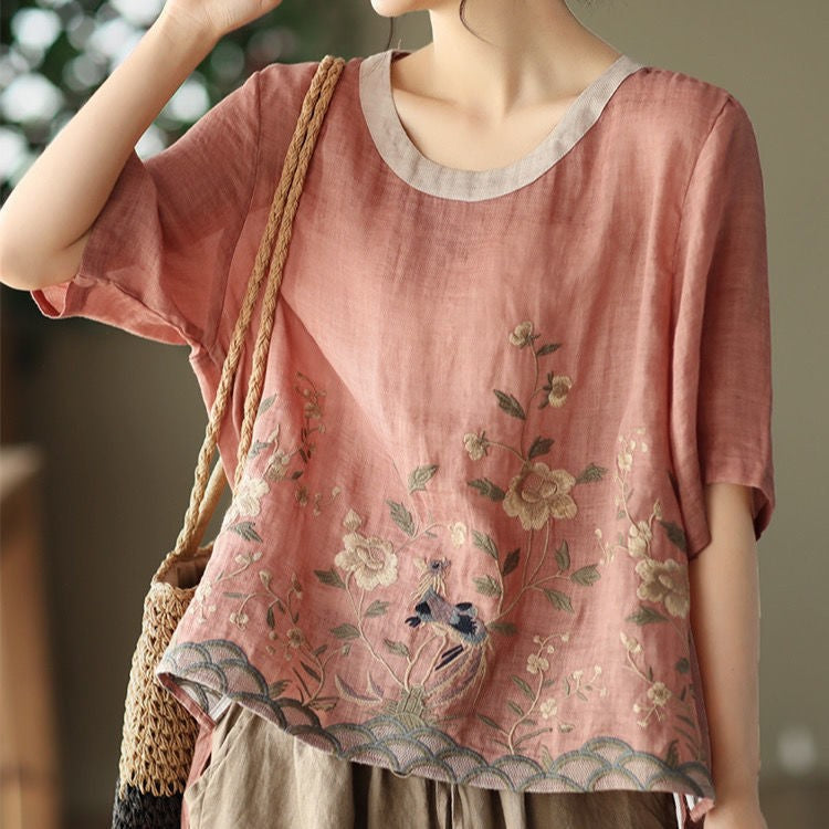 Cotton Linen Embroidered Floral Blouses Women's Chinese Classic Loose Shirt Top Casual Retro O Neck Short Sleeve Summer Shirts