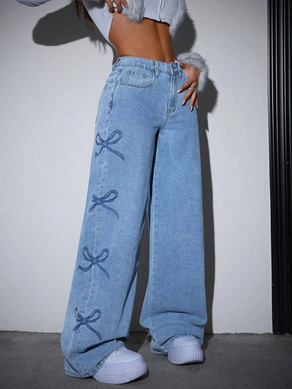 Denim Pants Women Bow Print Jeans High Waist Washed Distressed Straight Trousers Vintage Floor Length Streetwear Wide Leg Pants