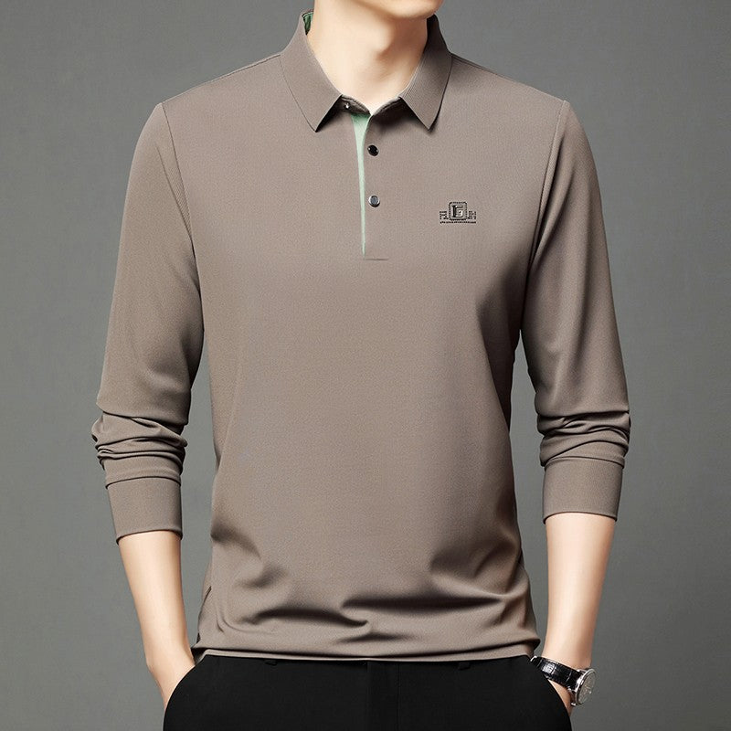 New Men's Business Casual Long Sleeved Shirt with Badge Solid Color Polo Shirt Fashionable Breathable Comfortable Versatile Top