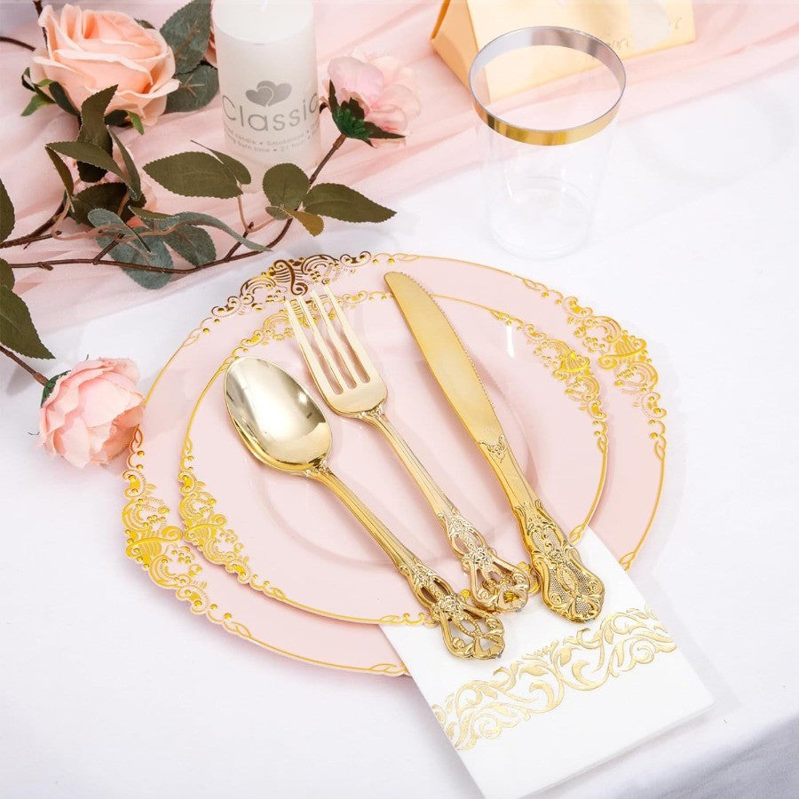 700PCS Pink Plastic Plates Pink and Gold Plates Luxury Pinks Plastic Dinnerware Set Include 200 Pinks Disposable Plates 300 Hea