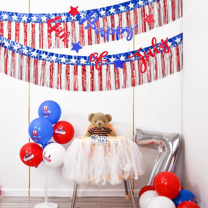 USA Flag Fringe Banner Tinsel Streamer Foil Tassel Garland For Independence Day Fourth Of July Indoor And Outdoor Decoration