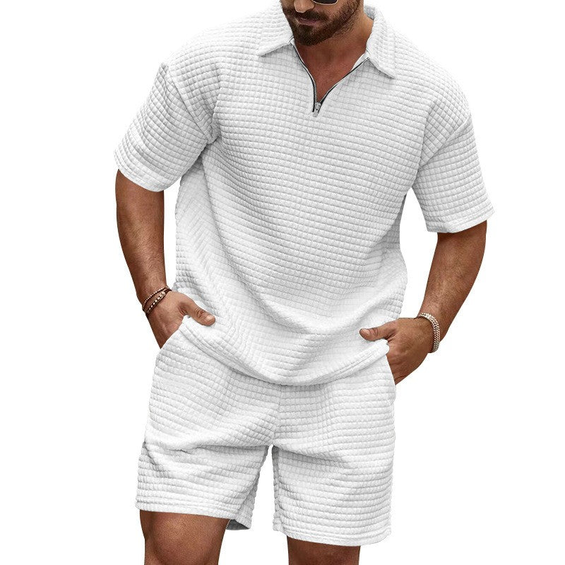 2024European and American Men's Spring and Summer Trends Youth Outdoor Lapel Small Plaid Short Sleeve Shorts Sports Suit