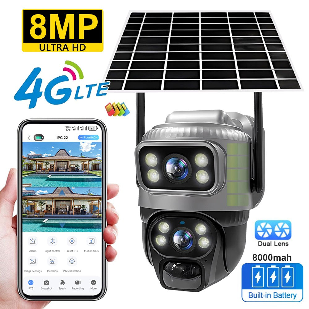 Câmera V380 Lente Dupla 4G Solar PIR Detecção Humana Visão Noturna À Prova D'Água Segurança Vídeo IP Câmera 8MP 4K Bateria Monitor CFTV
