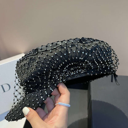 Chapéu Elegante com Strass em Malha Preto Versão Coreana de Alta Qualidade Moda Leve Luxo Estilo Pequeno e Perfumado Chapéu de Aba Reta Bico de Pato