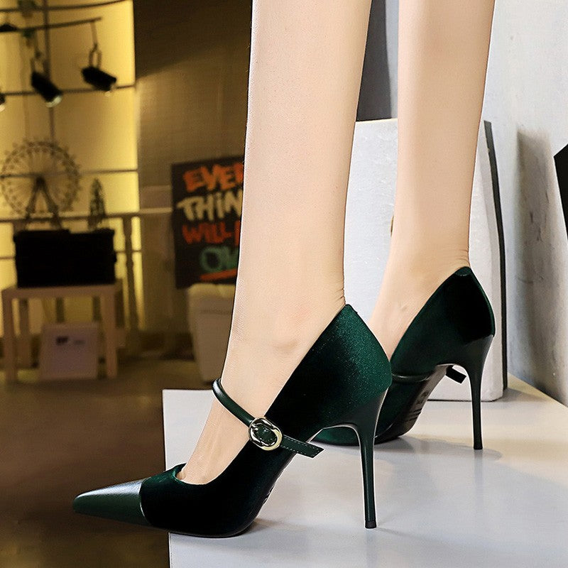 Korean Version Party 10cm 7cm High Heels Women Shoes Thin Heels Velvet Shallow Montage Pointed Toe Metal One-line Buckle Pumps