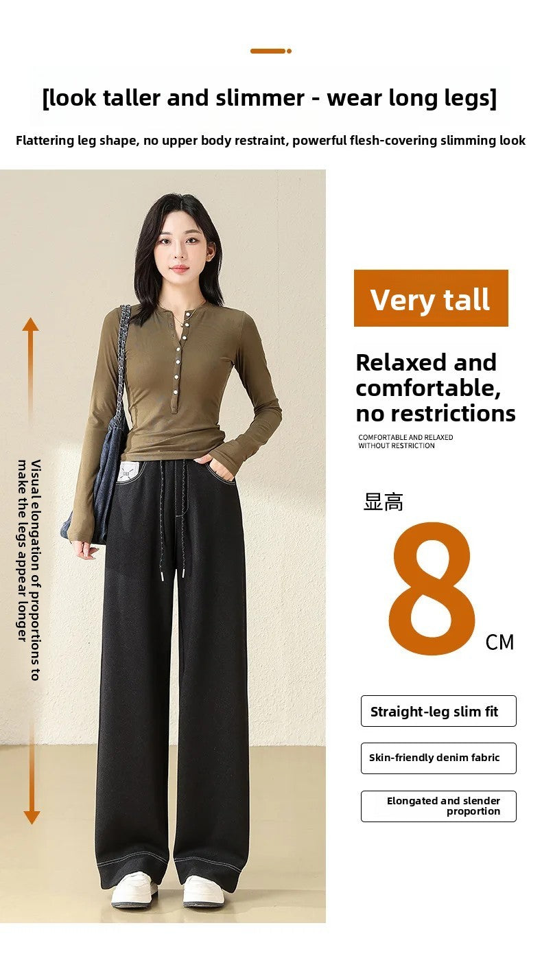 High Waist Straight Leg Jeans Loose Slimming Wide Leg Pants Fashionable Versatile Draping Lengthening Leg Appearances Floor-Leng