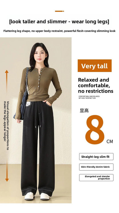 High Waist Straight Leg Jeans Loose Slimming Wide Leg Pants Fashionable Versatile Draping Lengthening Leg Appearances Floor-Leng