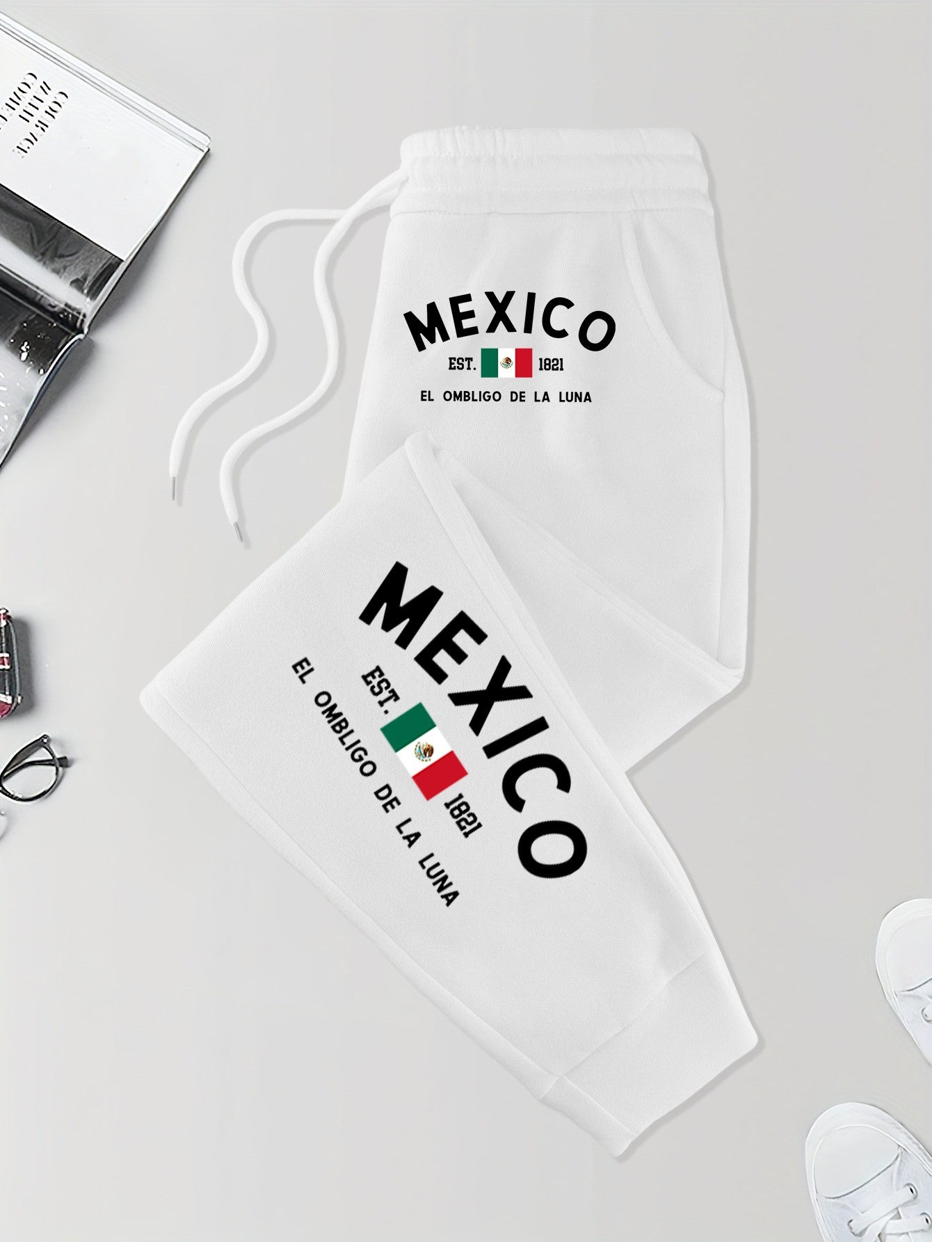Calça de Moletom Masculina com Bolso Estampada México e Bandeira Outono Elástico na Cintura Calças Confortáveis de Rua Calça de Jogging Básica Longa