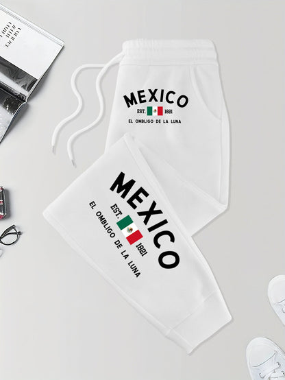 Calça de Moletom Masculina com Bolso Estampada México e Bandeira Outono Elástico na Cintura Calças Confortáveis de Rua Calça de Jogging Básica Longa