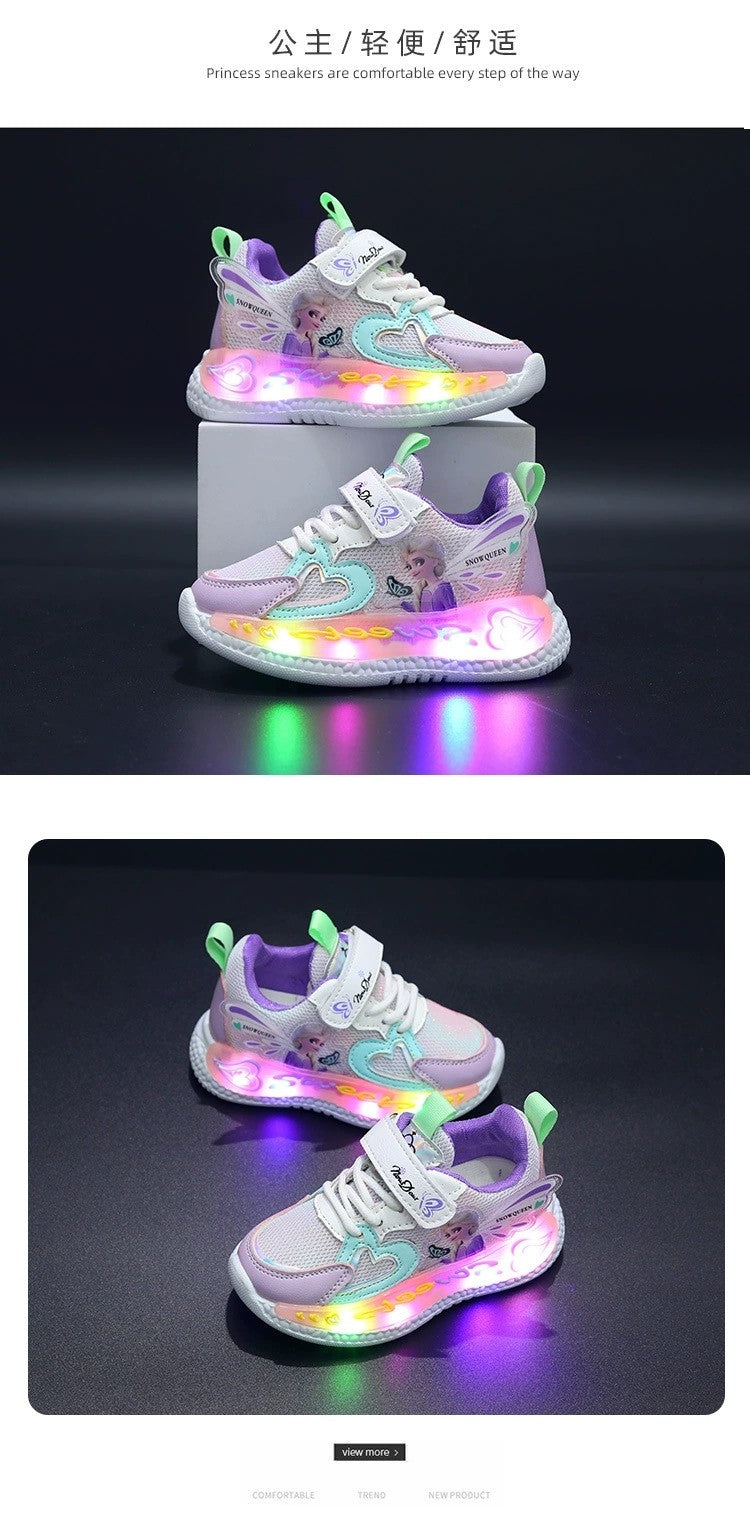 Disney Children Led Shoes Kids Girls Sneakers Frozen Elsa Princess Lighting Shoes Pink Purple Casual Sports Shoes Size 21-31