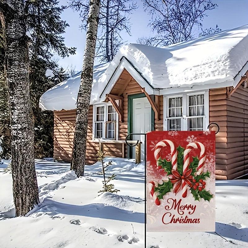 Merry Christmas Garden Flag Polyester Banner with Festive Holly Berries Cursive Letter Outdoor Garden Yard Christmas Decorations