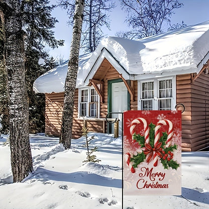 Merry Christmas Garden Flag Polyester Banner with Festive Holly Berries Cursive Letter Outdoor Garden Yard Christmas Decorations
