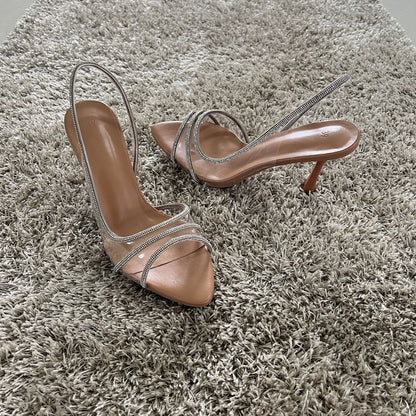2025 Women Summer Rhinestone Slingback Pumps Office Lady Transparent Heeled Sandals Elegant Pointed Toe Female Sexy High Heels