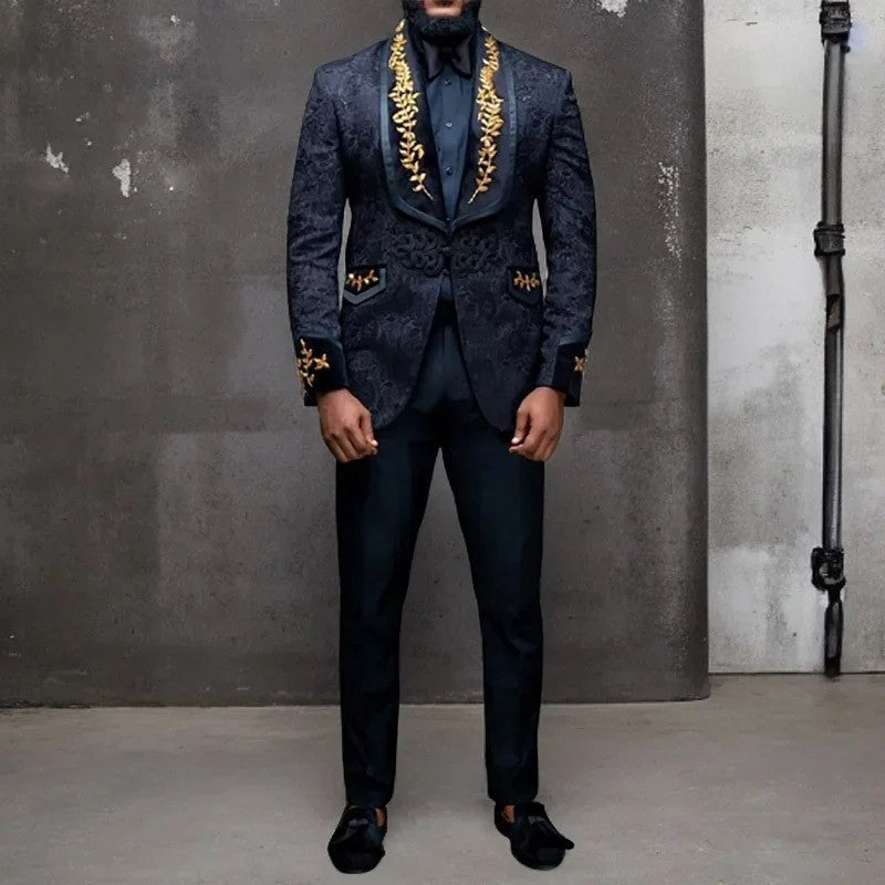Elegant Black Blazer Formal Men's Suits Jacquard Fabric Shawl Lapel Single Breasted Luxury Male Clothing 1 Piece Jacket Costume