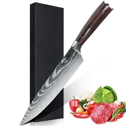 MDHAND Conjunto de Facas de Chef com Padrão de Damasco a Laser de 1 a 10 peças, Fatiador de Carne em Aço Inoxidável, Cutelo com Cabo de Madeira Antiderrapante, Coleção