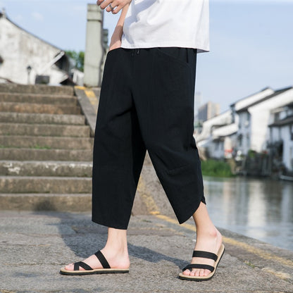 M-5XL Summer New 100% Cotton Loose Cropped Pants Solid Color Casual Elastic Waist Curved Leg Japanese Pants
