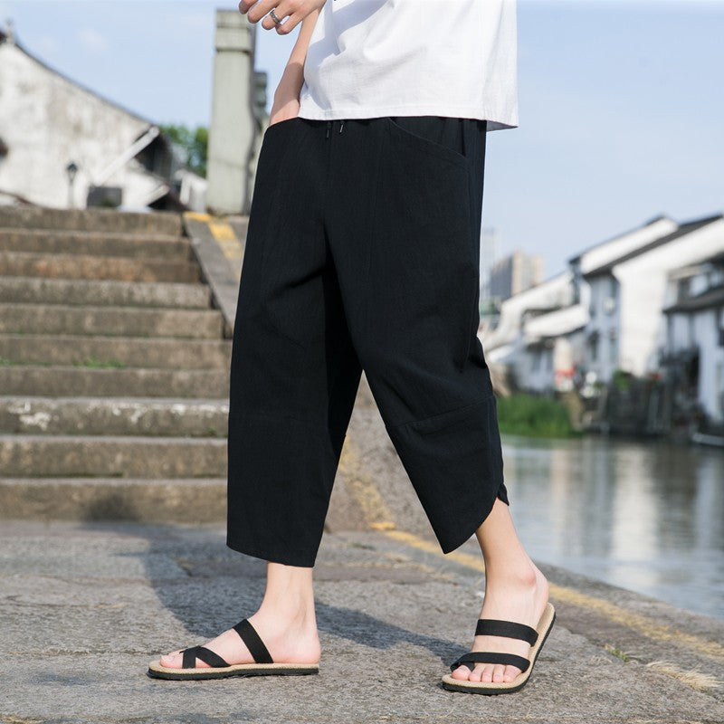 M-5XL Summer New 100% Cotton Loose Cropped Pants Solid Color Casual Elastic Waist Curved Leg Japanese Pants