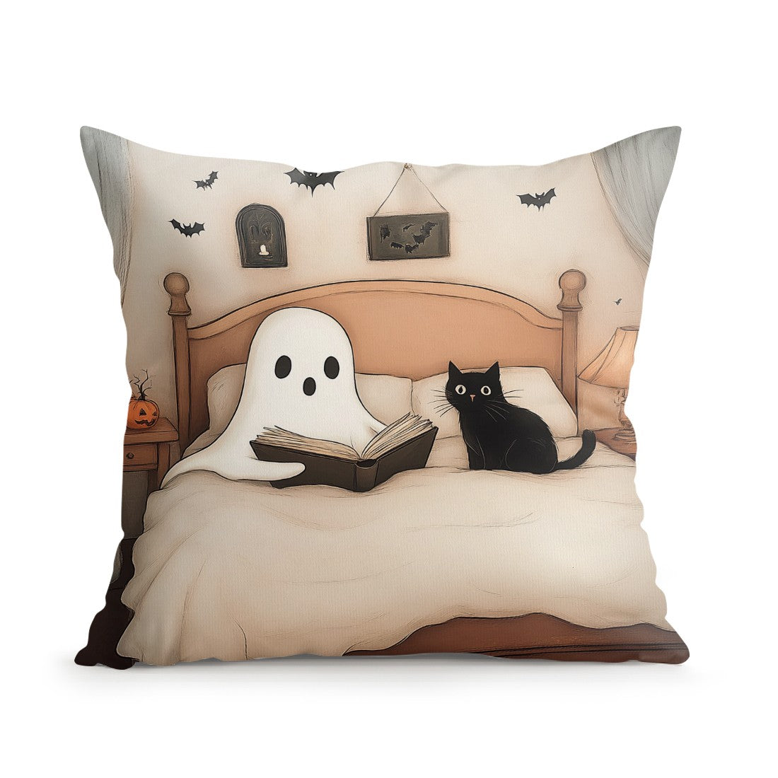 Halloween Ghost Pumpkin Print Cushion Cover Peach Skin Velvet Room Home Sofa Living Office Car Simplicity Pillow Cover 45x45CM