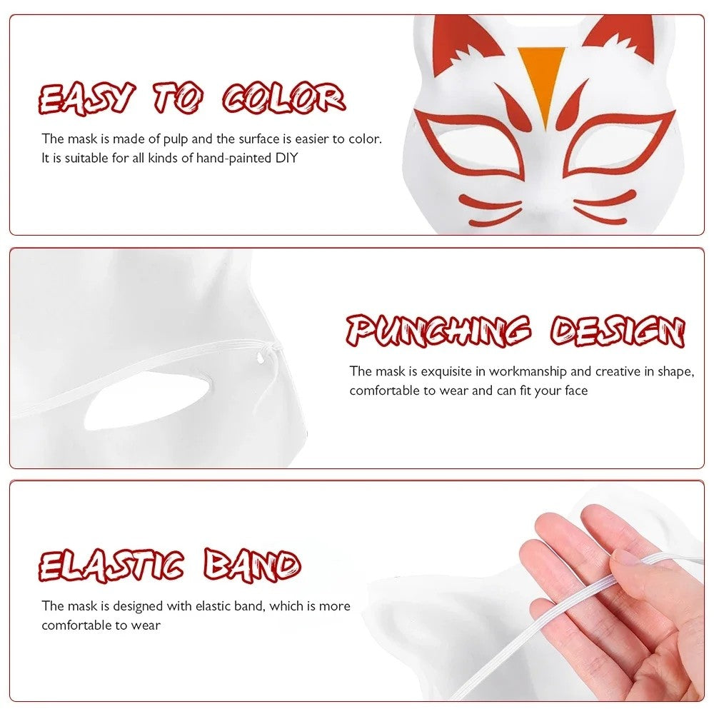 5PCS Therian Masks White Cat Masks Blank DIY Halloween Mask Animal Half Facemasks Masquerade Cosplay Party