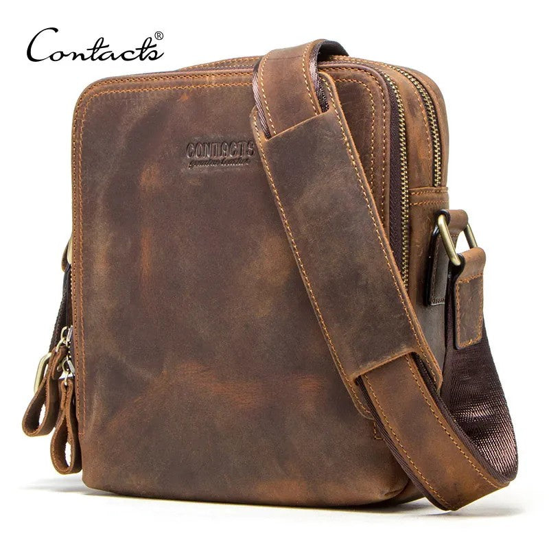 CONTACT'S Genuine Leather Men's Messenger Bag Vintage Sling Shoulder Bags for 7.9" iPad Mini High Quality Male Crossbody Bag Men