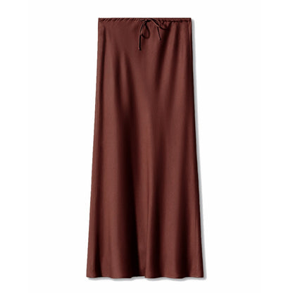 New In 2025 Spring Summer Solid Color Satin Long Skirt For Women High Waist Lace