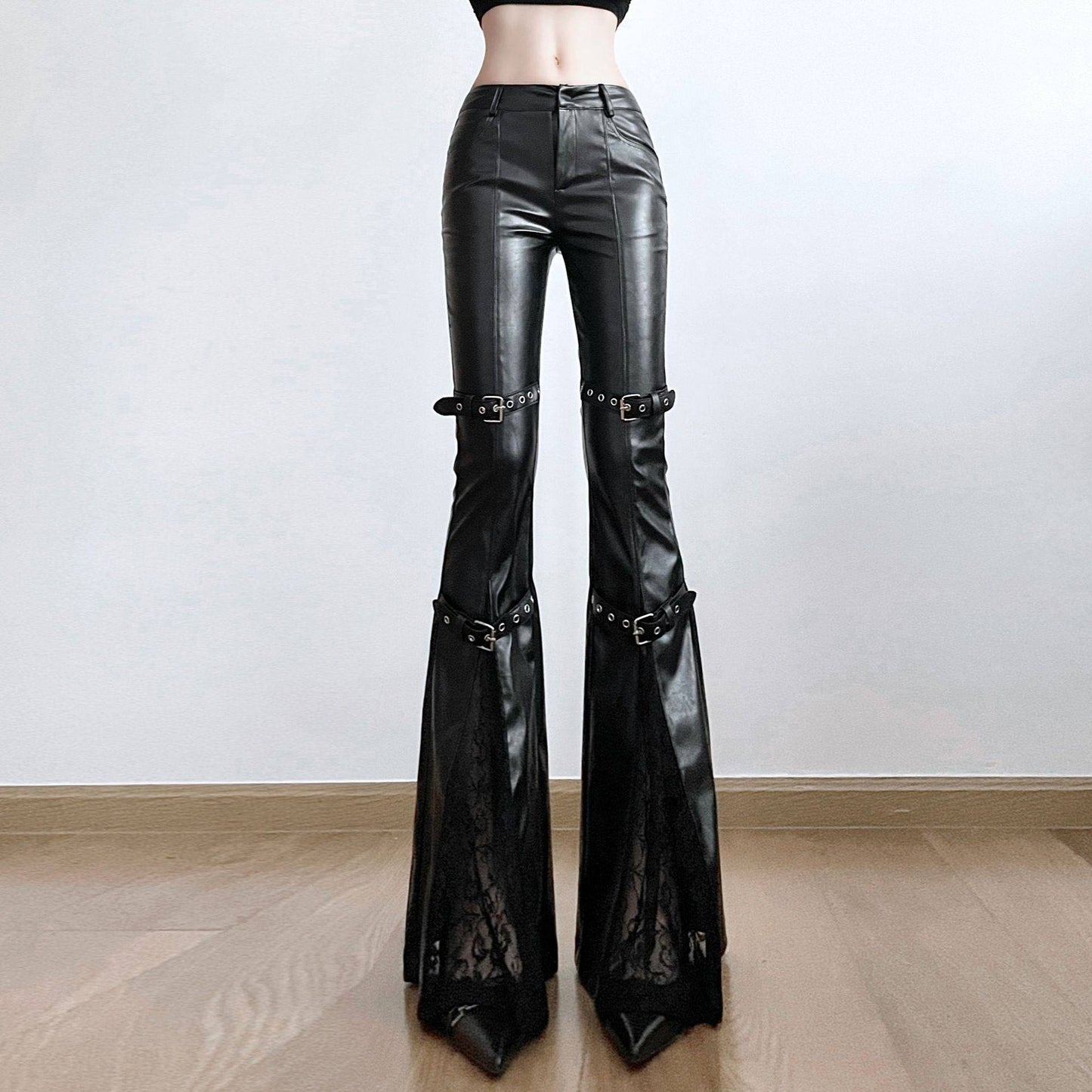 PU Leather Flare Pant Goth Buckle Lace Patchwork Pants Women Fashion Y2K Streetwear Vintage Aesthetics Casual Pants Trousers