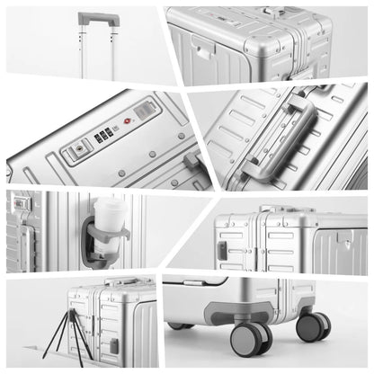 All Aluminum-magnesium Suitcase Front Opening Rolling Luggage with USB Charging Plug TSA Lock Trolley Case 20" Boarding Travel
