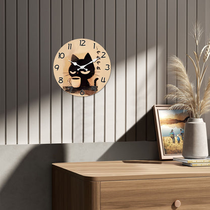 Retro Cute Black Cat Drinking Coffee Pattern Wooden Wall Clock Living Room Bedroom Kitchen Home Decoration Wall Clock Silent Quartz Clock Holiday Gift 10 Inches 12 Inches 14 Inches 16inch (Without Batteries)