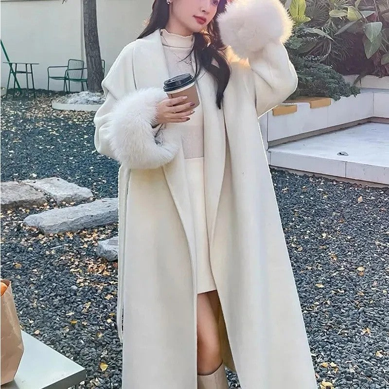Korean Style Temperament Fur Collar Fashion Women's Coat Medium To Long Simple Casual Woolen Coat Slimming Versatile Woolen Coat