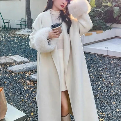 Korean Style Temperament Fur Collar Fashion Women's Coat Medium To Long Simple Casual Woolen Coat Slimming Versatile Woolen Coat