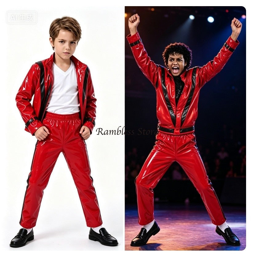 Red Jackets for Michael Jackson Cos Dancing Clothes Children Kids Halloween Purim MJ Dancer King Cos Performance Suits