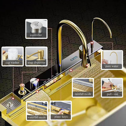 Multifunctional Kitchen Waterfall Sink Digital Display Large Single Gray Sink Dish Basin Sink 304 Stainless Steel