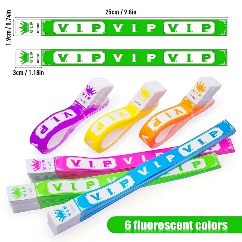 100pcs VIP Neon Paper Bracelets Fluorescent Waterproof Disposable Bracelets Tamper-Proof For Parties, Music Festivals & Events