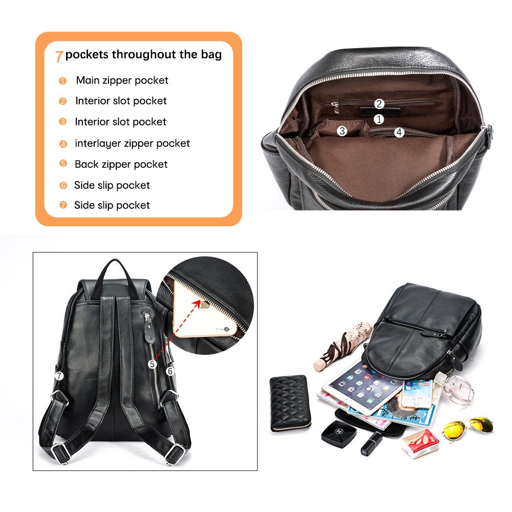 Zency Mochila Feminina Elegante Preta Branca Couro Genuíno Qualidade A++ Antifurto Grande Capacidade Mochila de Viagem Designer