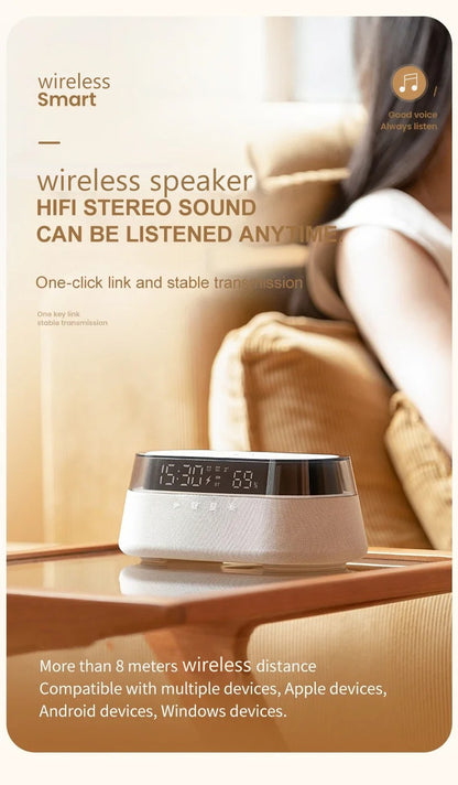 6-in-1 Smart Alarm Clock - 15W Wireless Charger, Bluetooth Speaker, FM Radio, Dual Alarm, USB Charger & RGB Night Light