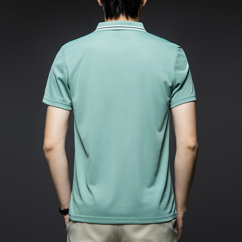 Men's Fashion Solid Short Sleeved Striped Lapel Polo Shirt Summer Breathable Comfortable Top