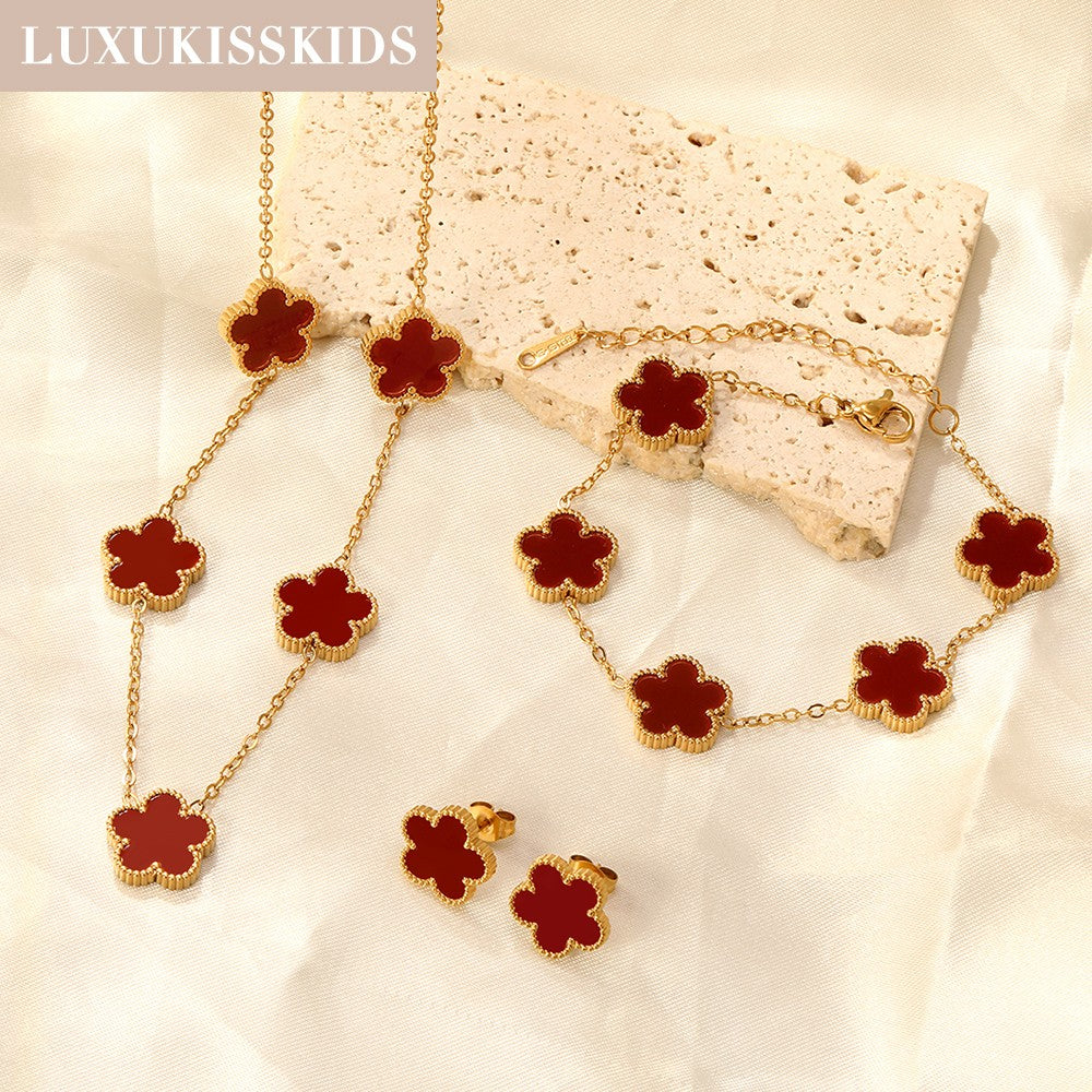 LUXUKISSKIDS Conjunto de Colar e Brincos de Flor Fashion Joias Femininas Aço Inoxidável Concha Branca Trevo Pulseira Acessórios de Joias