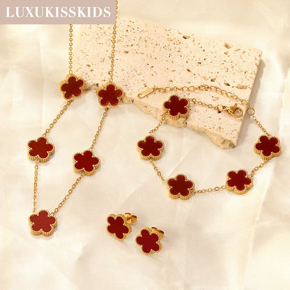 LUXUKISSKIDS Conjunto de Colar e Brincos de Flor Fashion Joias Femininas Aço Inoxidável Concha Branca Trevo Pulseira Acessórios de Joias