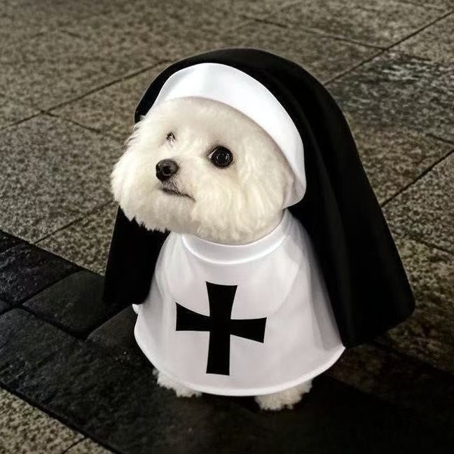 Roupas de Gato de Halloween com Fantasia de Freira e Estampa de Cruz de Jesus para Cães Pequenos Engraçado Bonito Vestido de Festa Macacão para Animais de Estimação Acessórios para Gatos