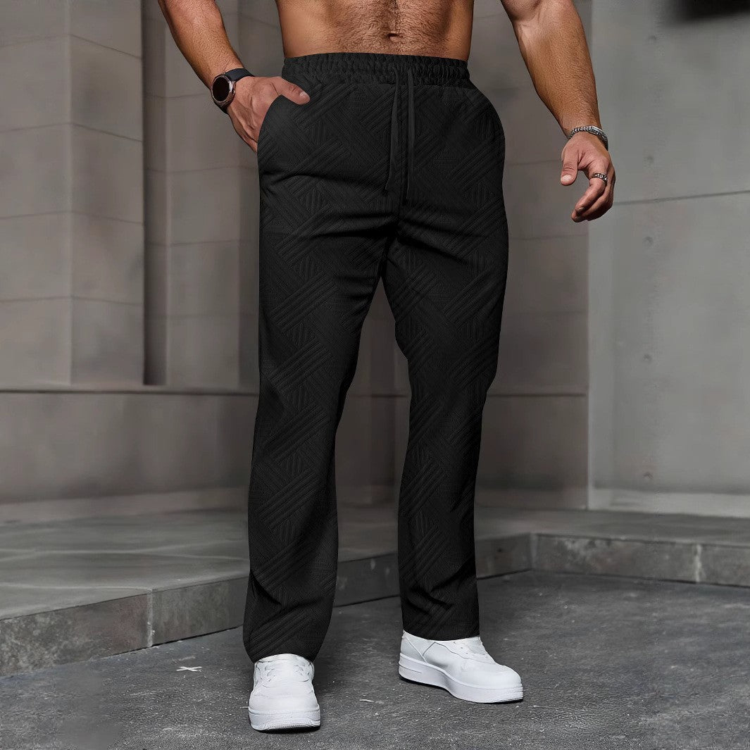 Men's Sport Fitness Breathable Casual Pants, Fashionable Jacquard Stretch Waistband Street Pants, Solid Color Loose Straight Pan