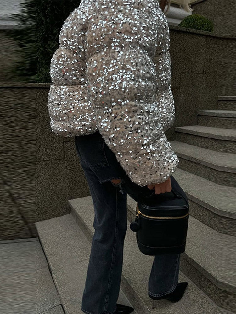Sparkly Women's Sequin Puffer Jacket Oversize Cropped Stand Collar Zip-Up Party Coat Fashion High Street Female Winter Outerwear