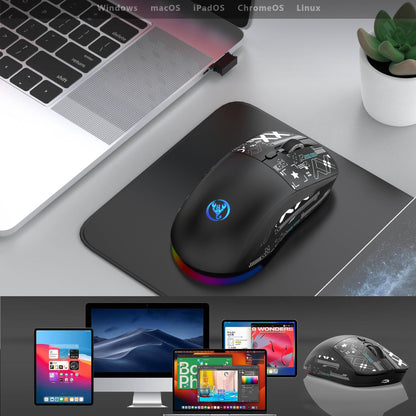 Mouse Bluetooth Sem Fio T90 RGB (BT1/BT2+ USB) 2.4GHz Recarregável Silencioso com Adaptador Tipo C