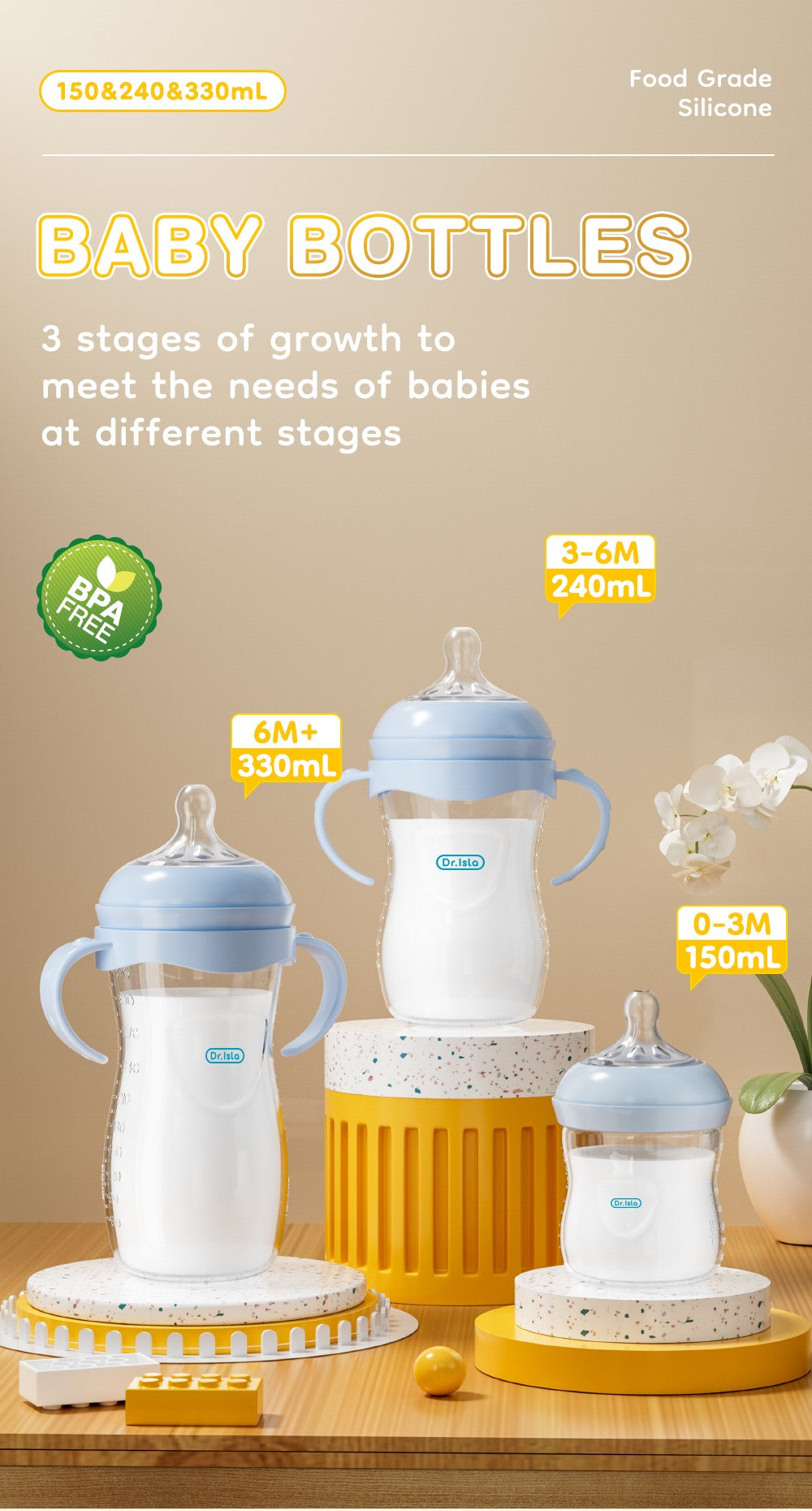 MAMIJOY 150/240/330ML Baby Bottle With Handle Anti-bloating?Anti-drop Clear Scale Milk Bottle Feeding Baby Bottles BPA-FREE PP15