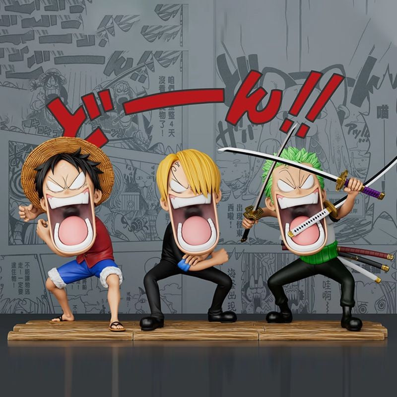 Conjunto de 3 peças One Piece Hungry Trio, Capitão Sanji, Monkey D. Luffy, Roronoa Zoro, modelo de action figure divertido de anime, brinquedo colecionável