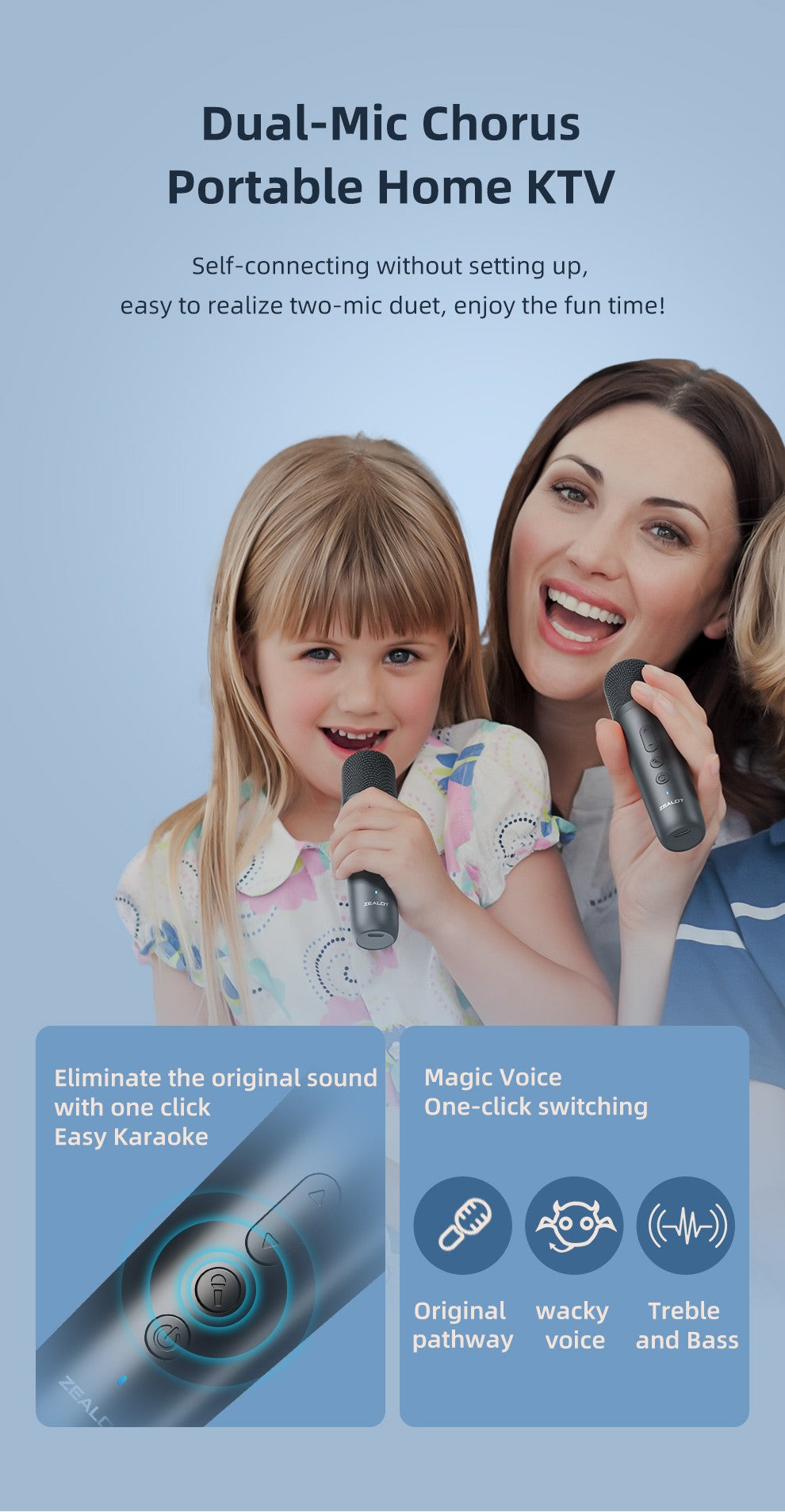 ZEALOT-S62M Karaoke Machine Portable Bluetooth 5.3 Speaker System with 1-2 Wireless Microphones Home Family festival Gifts