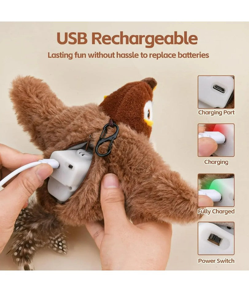 Brinquedos Interativos para Gatos Brinquedo de Pássaro Voador Recarregável para Gatos Pássaro Cantando Batendo Asas (não voa) Pode Adicionar Catnip Brinquedo de Pelúcia Ativado por Toque