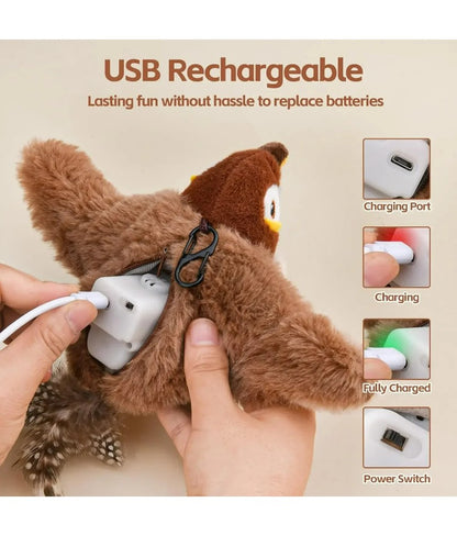 Brinquedos Interativos para Gatos Brinquedo de Pássaro Voador Recarregável para Gatos Pássaro Cantando Batendo Asas (não voa) Pode Adicionar Catnip Brinquedo de Pelúcia Ativado por Toque